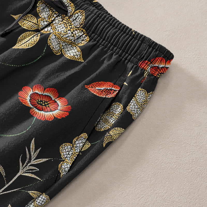 Nimara Ritual Cotton Tiger Floral Bamboo Pattern Men's Tapered Pants With Pockets