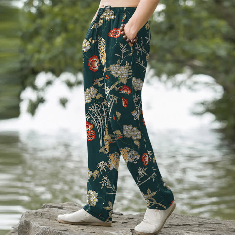 Nimara Ritual Cotton Tiger Floral Bamboo Pattern Men's Tapered Pants With Pockets