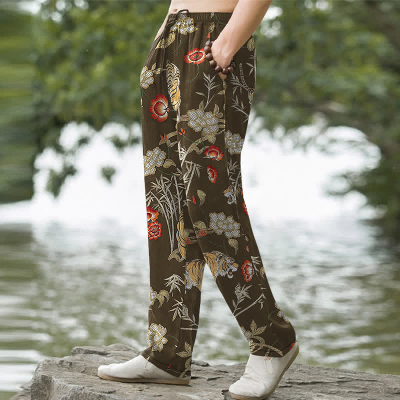 Nimara Ritual Cotton Tiger Floral Bamboo Pattern Men's Tapered Pants With Pockets