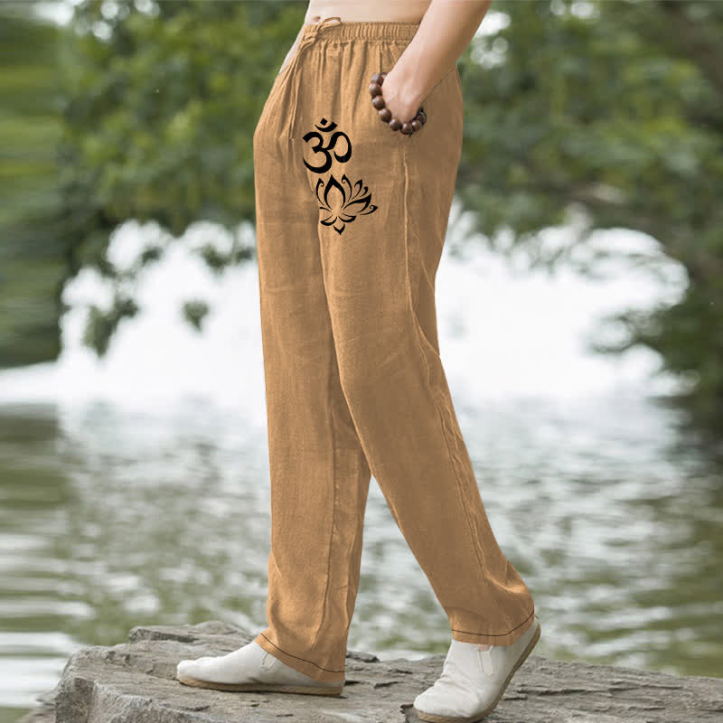 Nimara Ritual Cotton Lotus Om Pattern Men's Tapered Pants With Pockets