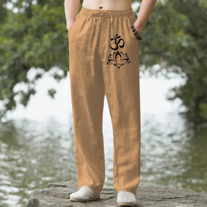 Nimara Ritual Cotton Lotus Om Pattern Men's Tapered Pants With Pockets