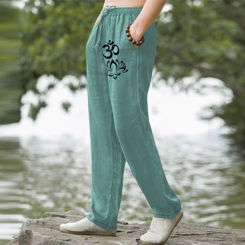 Nimara Ritual Cotton Lotus Om Pattern Men's Tapered Pants With Pockets