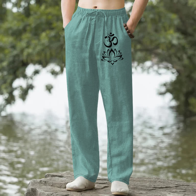 Nimara Ritual Cotton Lotus Om Pattern Men's Tapered Pants With Pockets