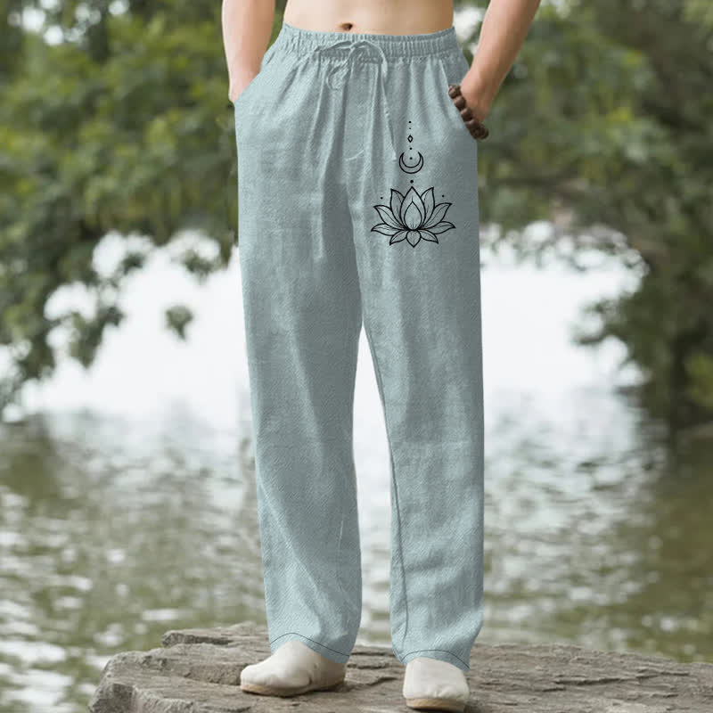Nimara Ritual Cotton Lotus Moon Pattern Men's Tapered Pants With Pockets