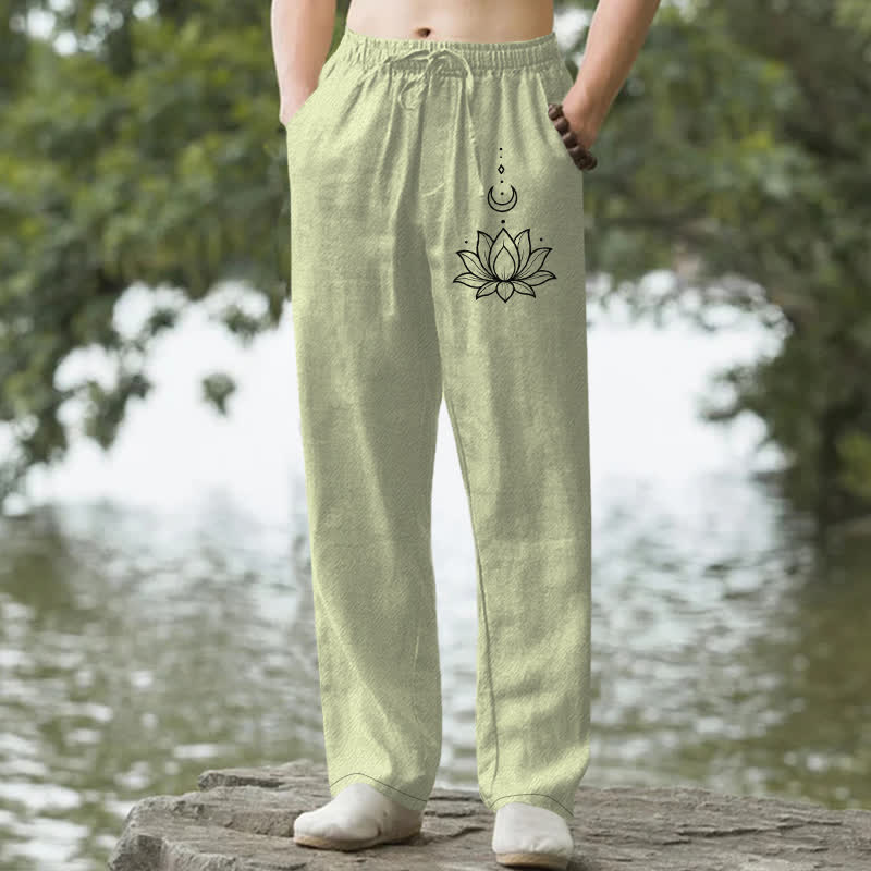 Nimara Ritual Cotton Lotus Moon Pattern Men's Tapered Pants With Pockets