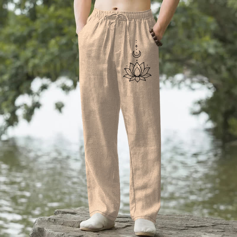 Nimara Ritual Cotton Lotus Moon Pattern Men's Tapered Pants With Pockets
