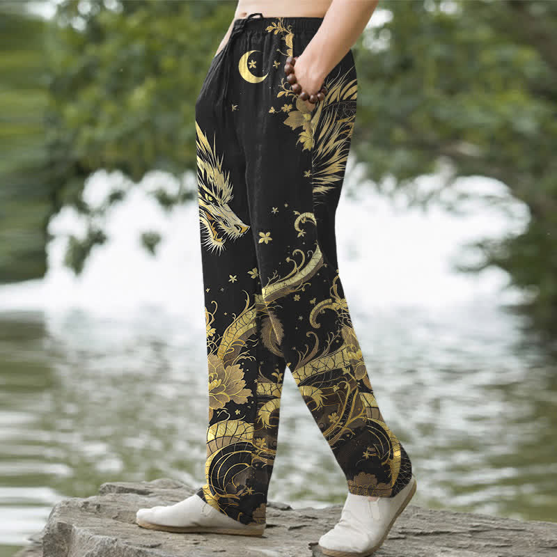 Nimara Ritual Cotton Golden Dragon Cloud Pattern Men's Tapered Pants With Pockets