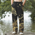 Nimara Ritual Cotton Golden Dragon Cloud Pattern Men's Tapered Pants With Pockets