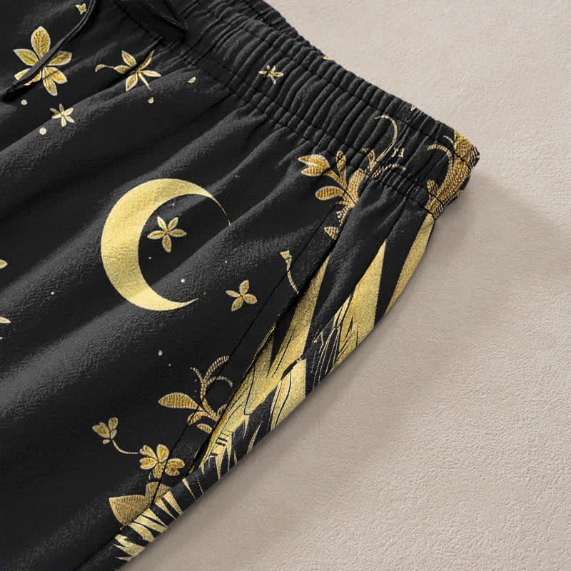 Nimara Ritual Cotton Golden Dragon Cloud Pattern Men's Tapered Pants With Pockets