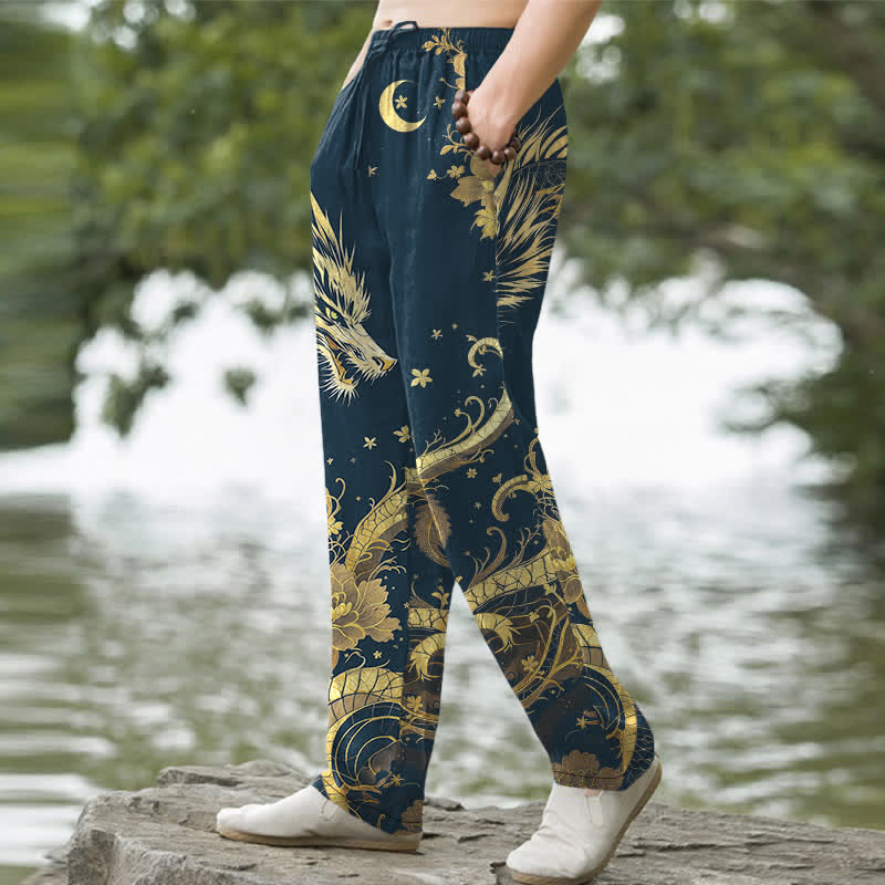 Nimara Ritual Cotton Golden Dragon Cloud Pattern Men's Tapered Pants With Pockets