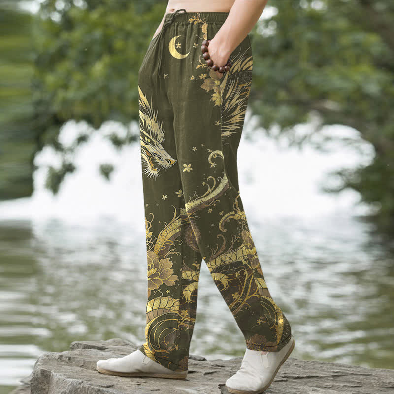 Nimara Ritual Cotton Golden Dragon Cloud Pattern Men's Tapered Pants With Pockets