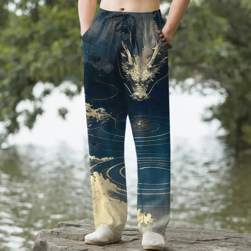 Nimara Ritual Cotton Golden Dragon Wave Pattern Men's Tapered Pants With Pockets