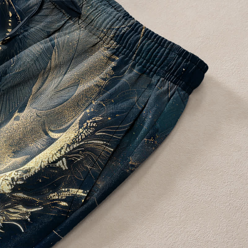 Nimara Ritual Cotton Golden Dragon Wave Pattern Men's Tapered Pants With Pockets