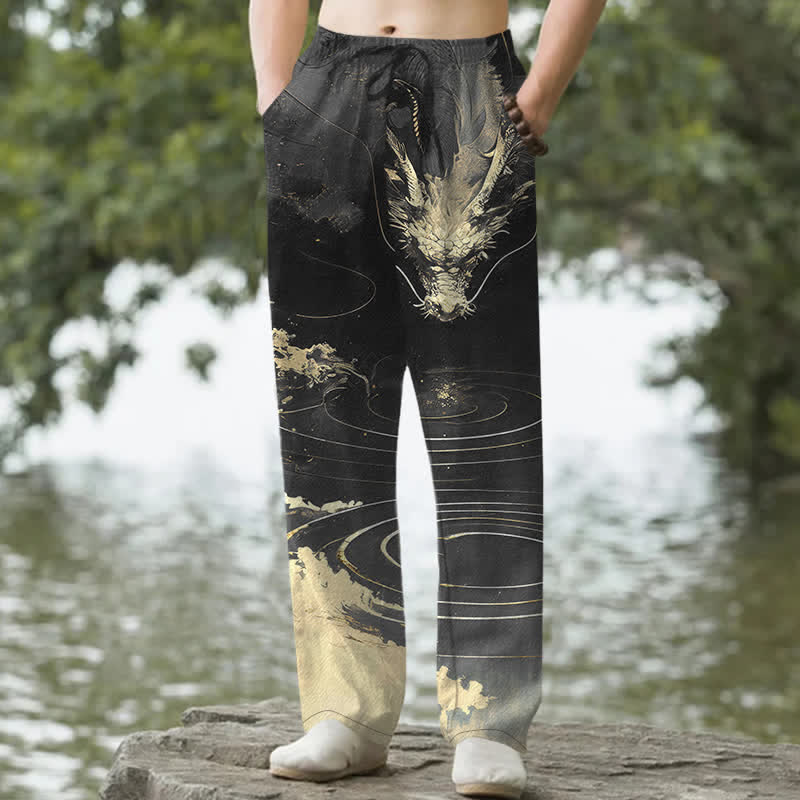Nimara Ritual Cotton Golden Dragon Wave Pattern Men's Tapered Pants With Pockets