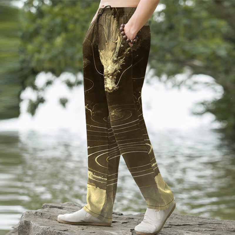 Nimara Ritual Cotton Golden Dragon Wave Pattern Men's Tapered Pants With Pockets