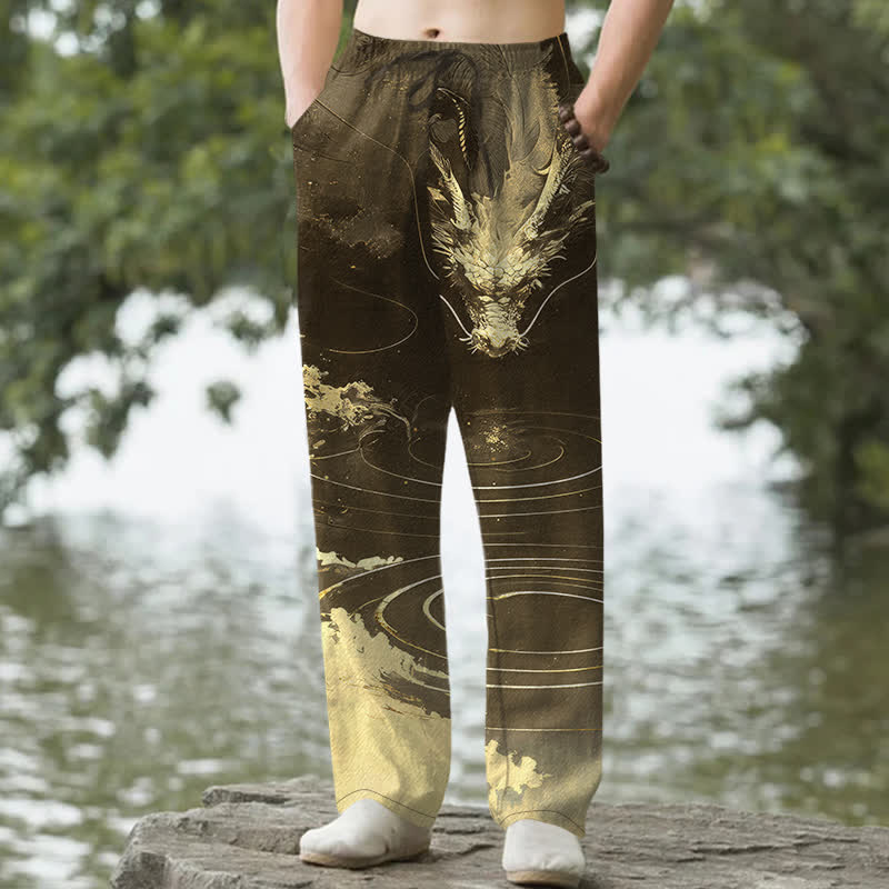 Nimara Ritual Cotton Golden Dragon Wave Pattern Men's Tapered Pants With Pockets