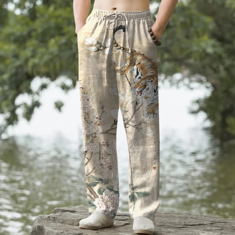 Nimara Ritual Cotton Vintage Tiger Floral Ink Pattern Men's Tapered Pants With Pockets
