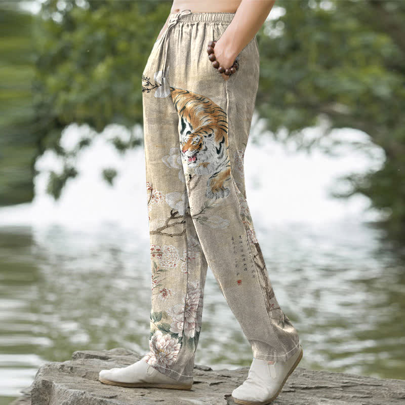 Nimara Ritual Cotton Vintage Tiger Floral Ink Pattern Men's Tapered Pants With Pockets
