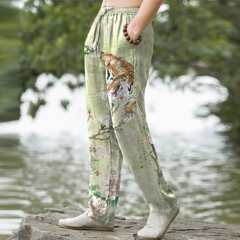 Nimara Ritual Cotton Vintage Tiger Floral Ink Pattern Men's Tapered Pants With Pockets