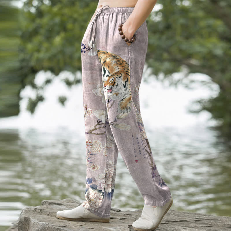 Nimara Ritual Cotton Vintage Tiger Floral Ink Pattern Men's Tapered Pants With Pockets