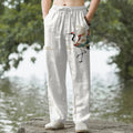 Nimara Ritual Cotton White Crane Wave Pattern Men's Tapered Pants With Pockets