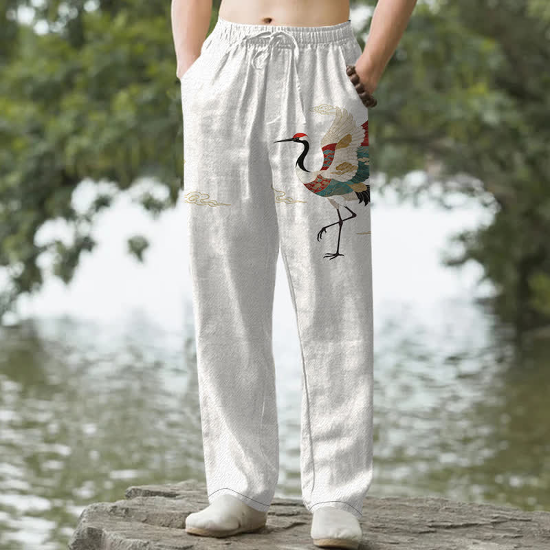 Nimara Ritual Cotton White Crane Wave Pattern Men's Tapered Pants With Pockets
