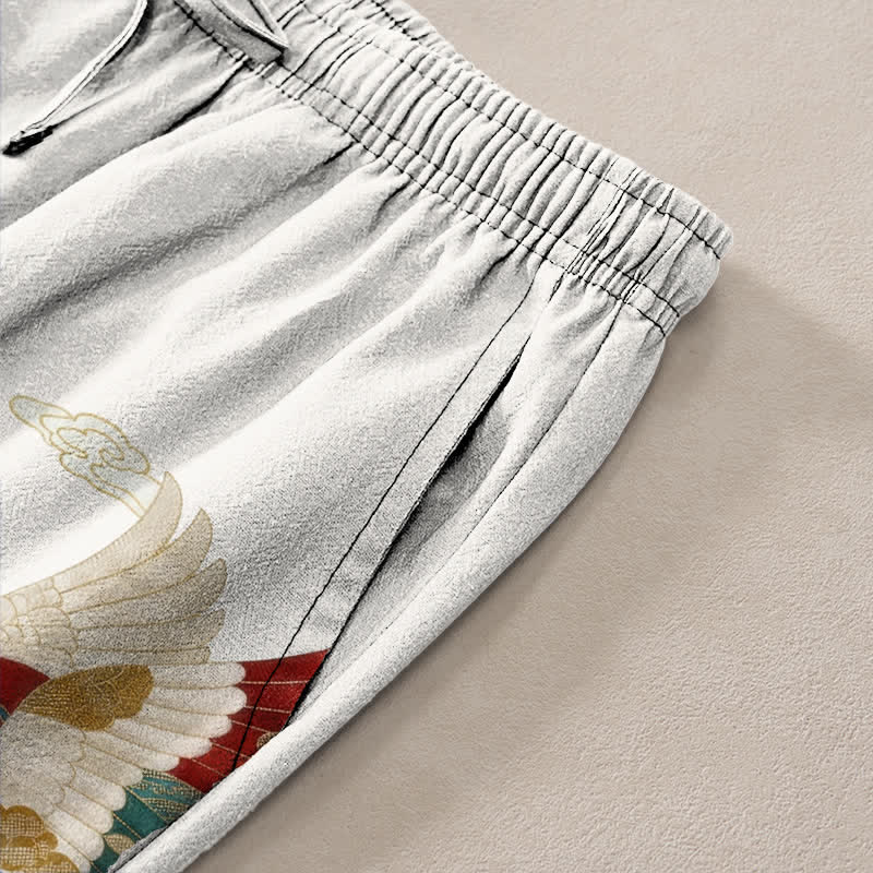 Nimara Ritual Cotton White Crane Wave Pattern Men's Tapered Pants With Pockets