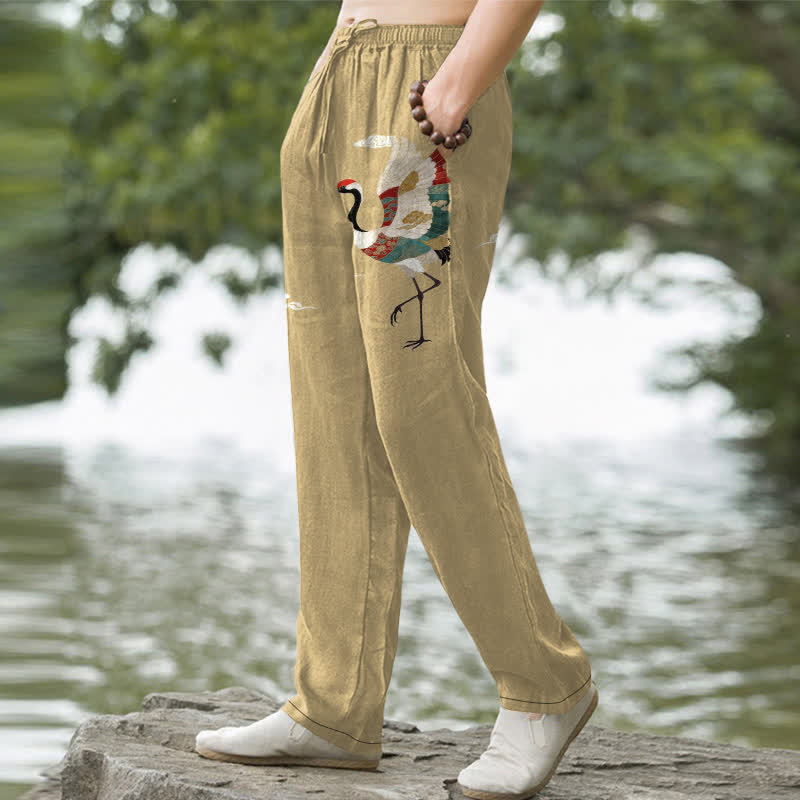 Nimara Ritual Cotton White Crane Wave Pattern Men's Tapered Pants With Pockets