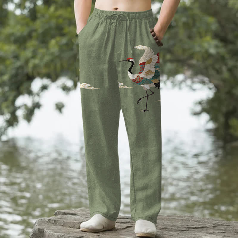 Nimara Ritual Cotton White Crane Wave Pattern Men's Tapered Pants With Pockets