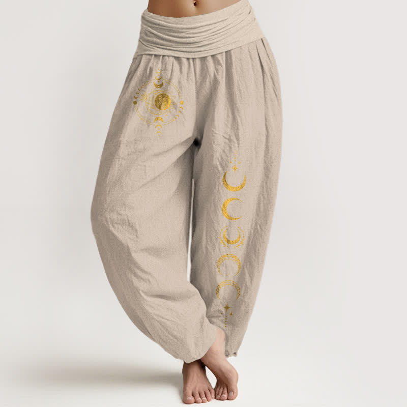 Nimara Ritual Pure Cotton Golden Moon Phase Pattern Women's Elastic Waist Harem Pants