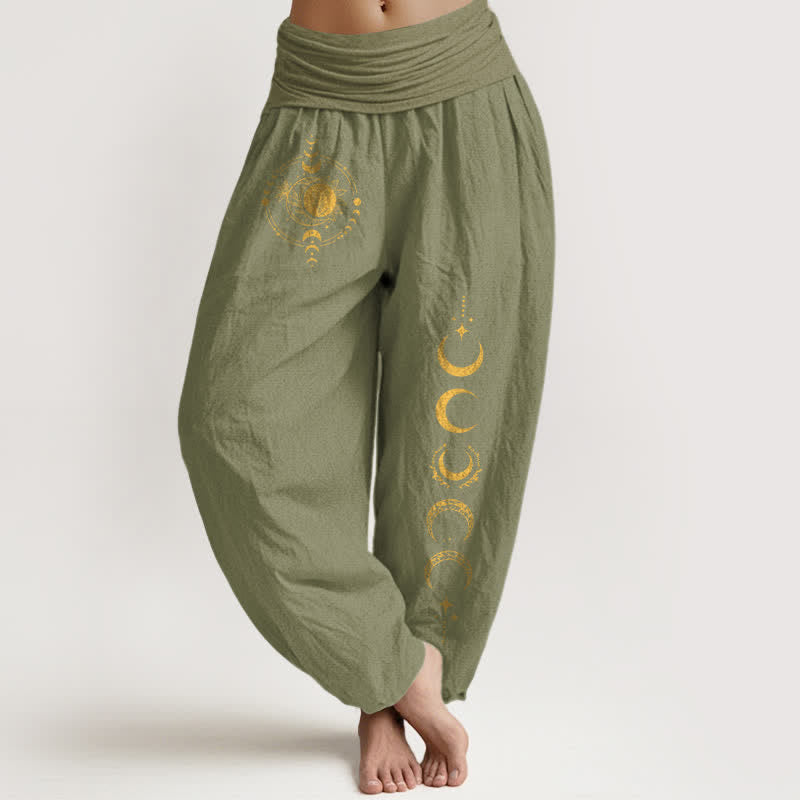 Nimara Ritual Pure Cotton Golden Moon Phase Pattern Women's Elastic Waist Harem Pants