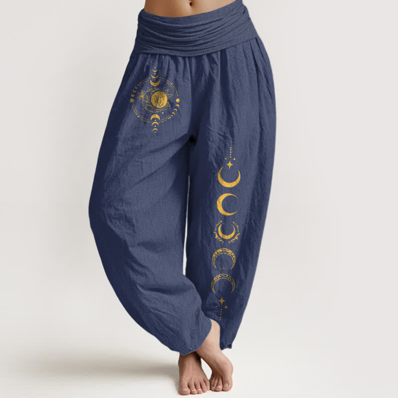 Nimara Ritual Pure Cotton Golden Moon Phase Pattern Women's Elastic Waist Harem Pants