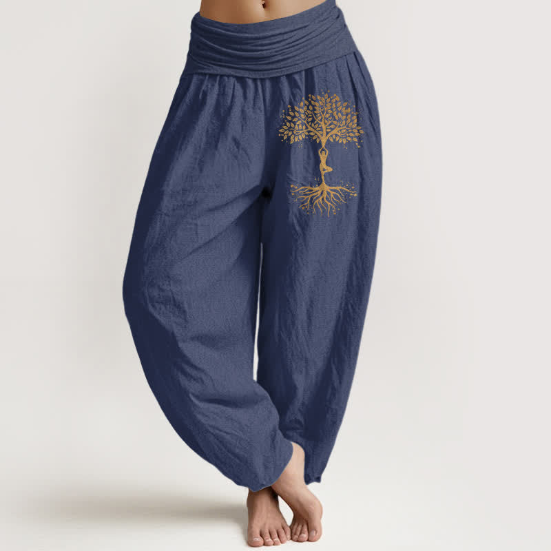 Nimara Ritual Pure Cotton Golden Tree of Life Pattern Women's Elastic Waist Harem Pants
