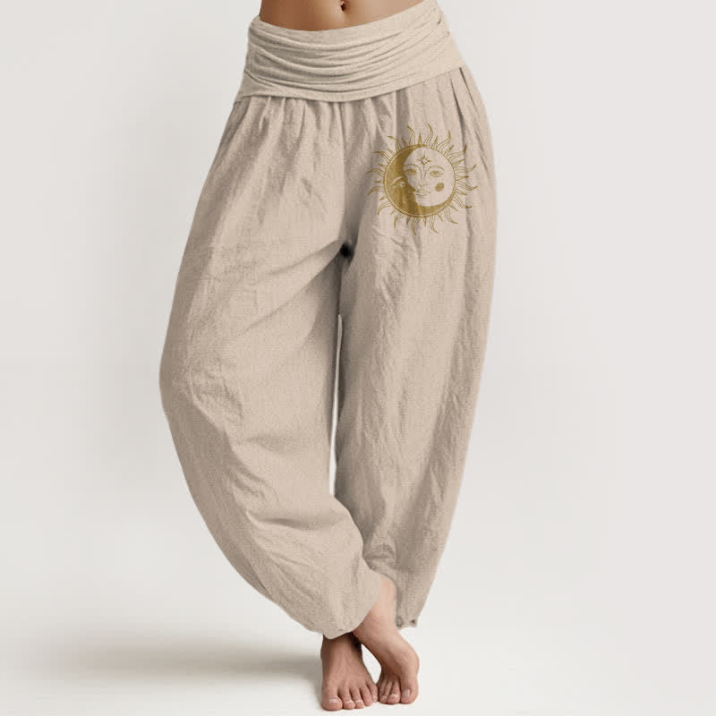 Nimara Ritual Pure Cotton Golden Sun Moon Pattern Women's Elastic Waist Harem Pants