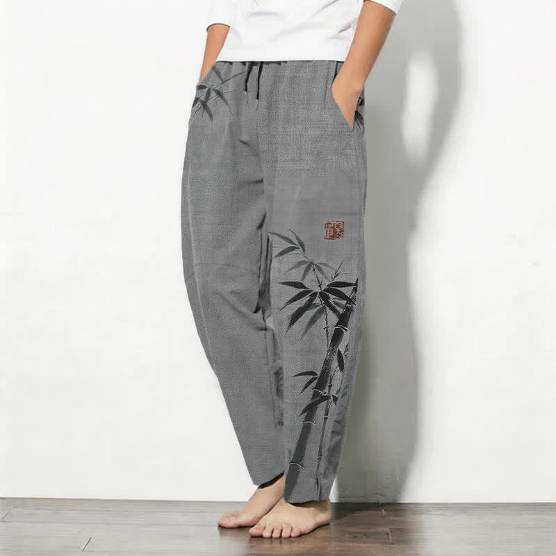Nimara Ritual Pure Cotton Ink Bamboo Pattern Drawstring Men's Tapered Pants With Pockets