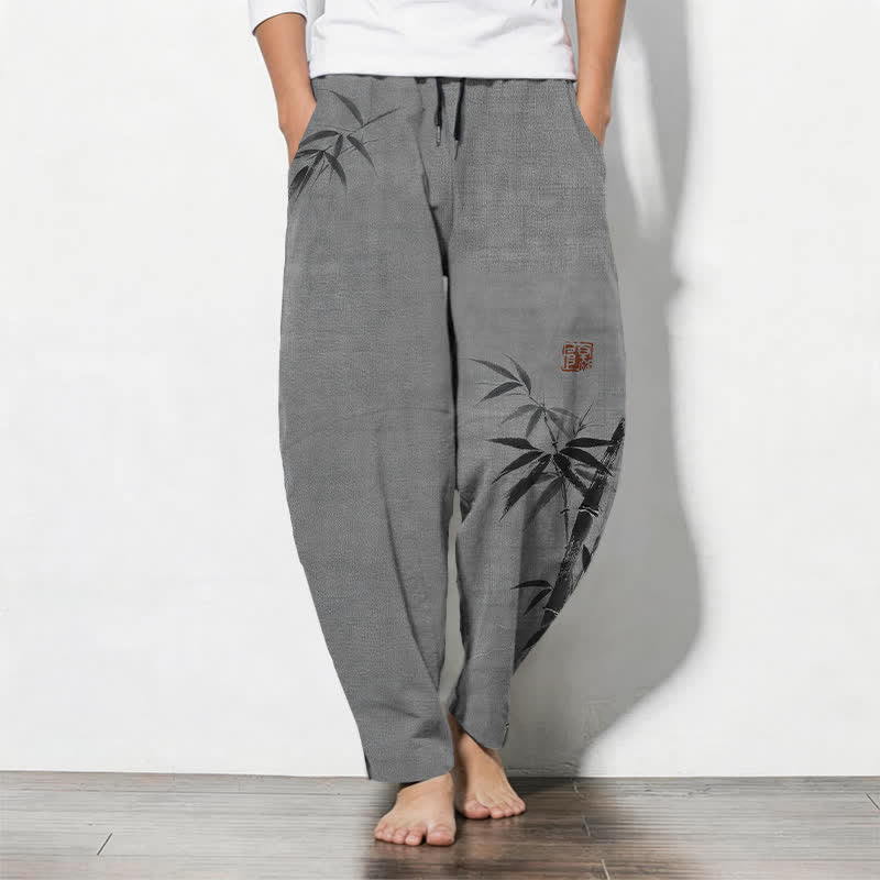 Nimara Ritual Pure Cotton Ink Bamboo Pattern Drawstring Men's Tapered Pants With Pockets