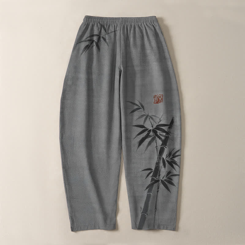 Nimara Ritual Pure Cotton Ink Bamboo Pattern Drawstring Men's Tapered Pants With Pockets