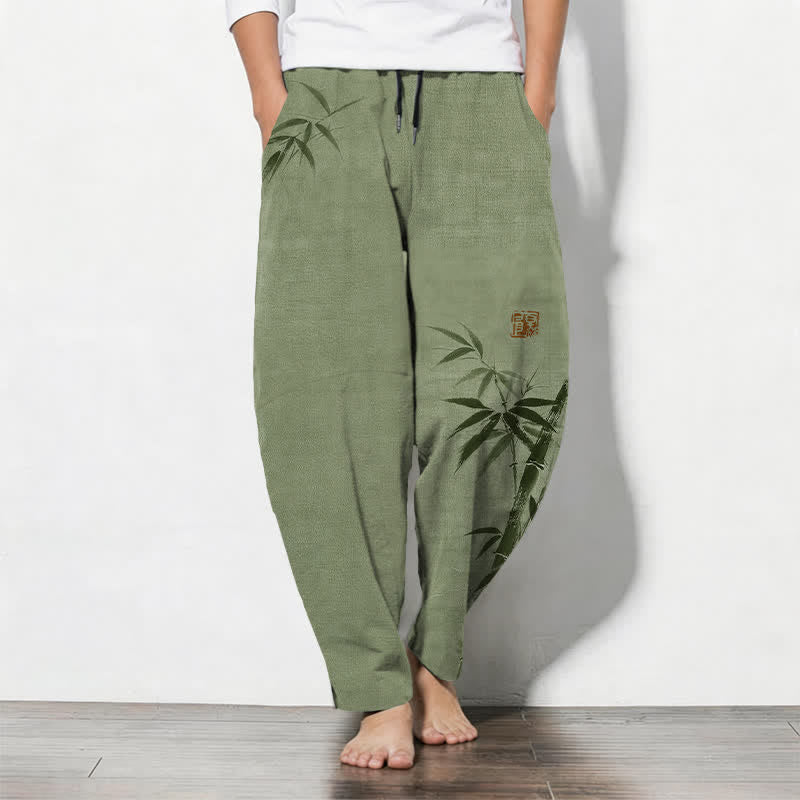 Nimara Ritual Pure Cotton Ink Bamboo Pattern Drawstring Men's Tapered Pants With Pockets