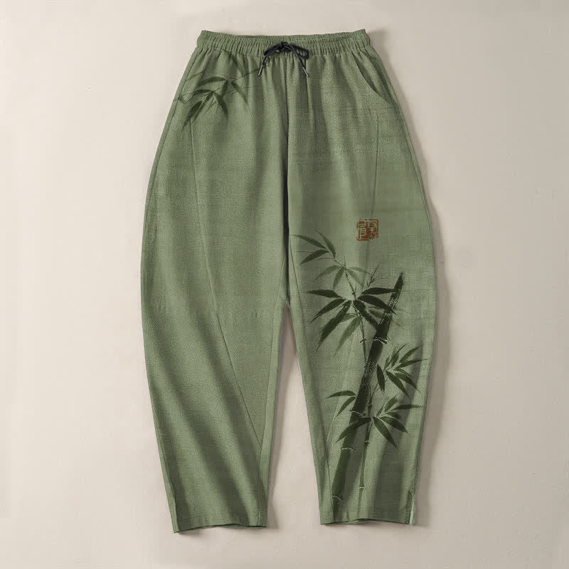 Nimara Ritual Pure Cotton Ink Bamboo Pattern Drawstring Men's Tapered Pants With Pockets