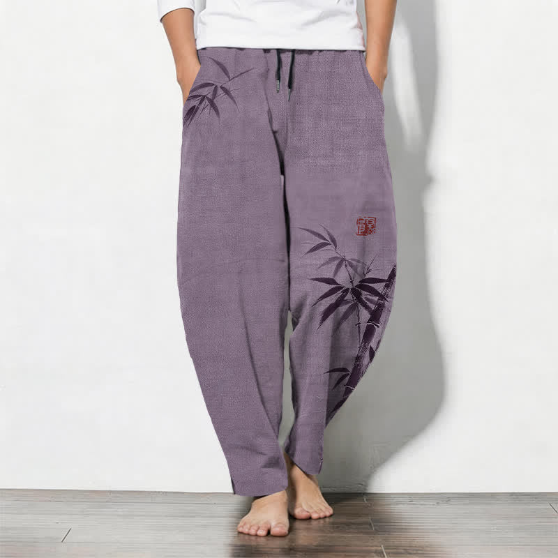 Nimara Ritual Pure Cotton Ink Bamboo Pattern Drawstring Men's Tapered Pants With Pockets