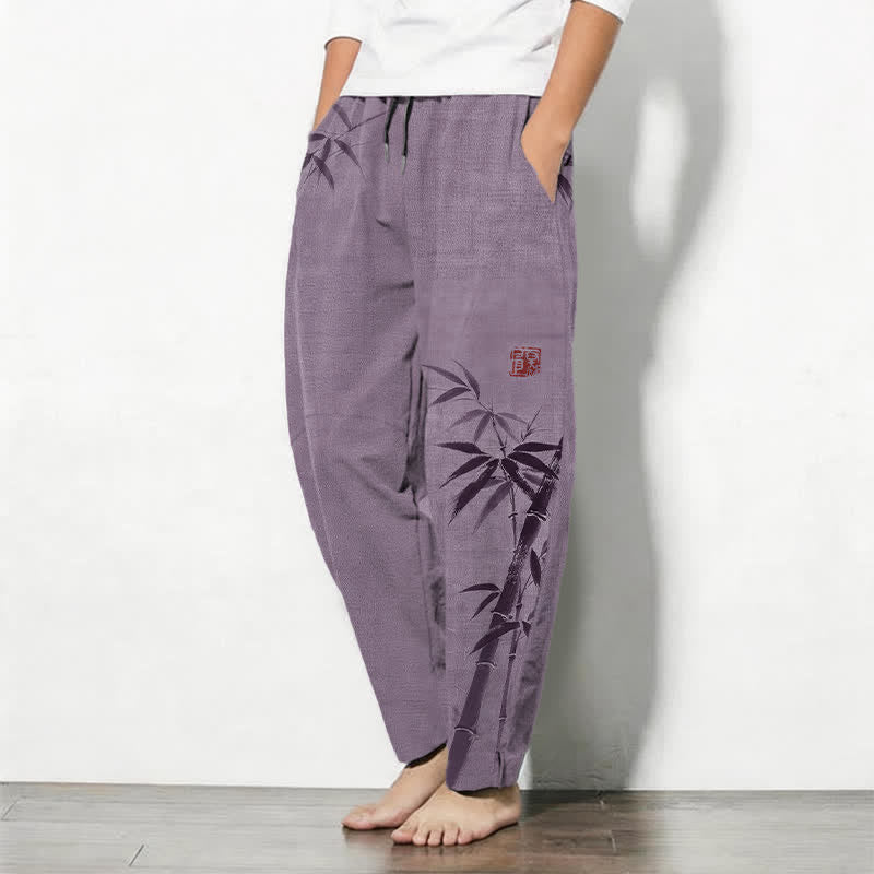 Nimara Ritual Pure Cotton Ink Bamboo Pattern Drawstring Men's Tapered Pants With Pockets