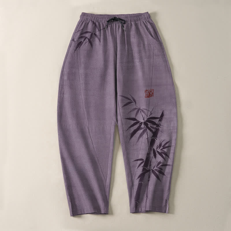Nimara Ritual Pure Cotton Ink Bamboo Pattern Drawstring Men's Tapered Pants With Pockets
