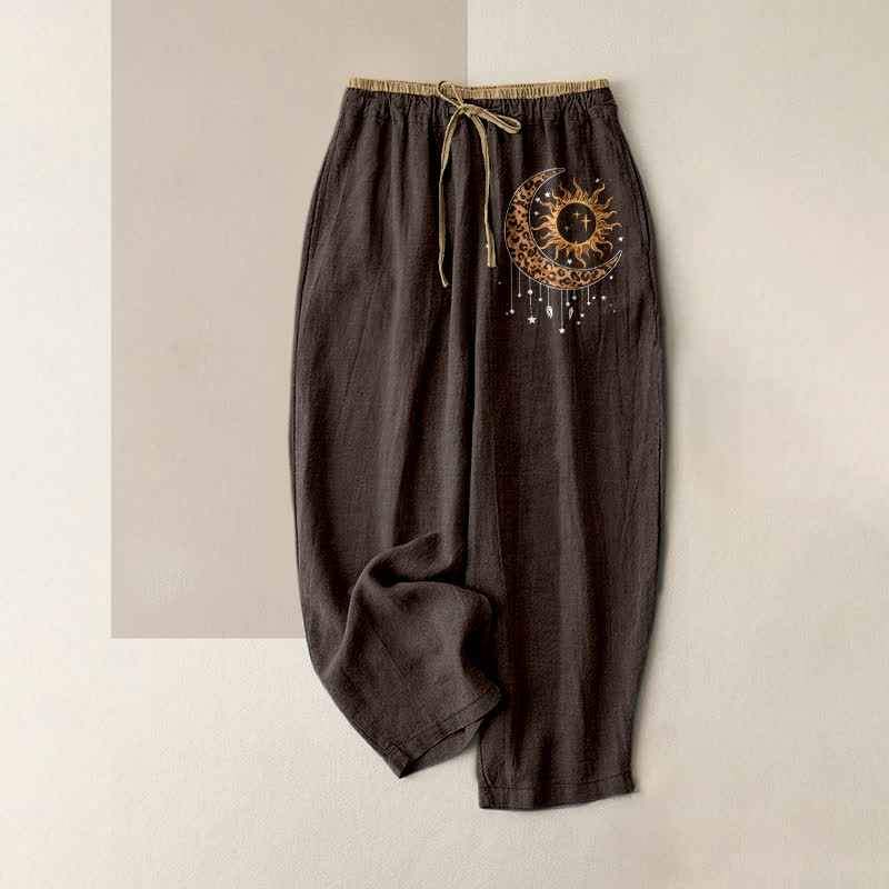 Nimara Ritual Pure Cotton Celestial Sun Moon Pattern Women's Elastic Waist Pants With Pockets