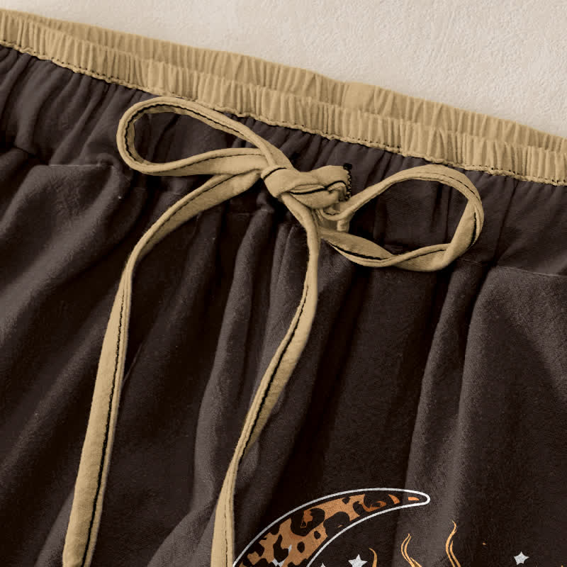 Nimara Ritual Pure Cotton Celestial Sun Moon Pattern Women's Elastic Waist Pants With Pockets