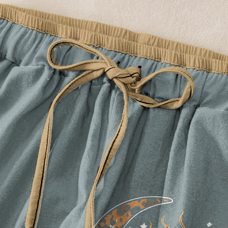 Nimara Ritual Pure Cotton Celestial Sun Moon Pattern Women's Elastic Waist Pants With Pockets