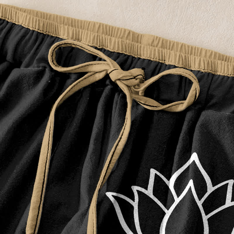 Nimara Ritual Pure Cotton White Lotus Pattern Women's Elastic Waist Pants With Pockets