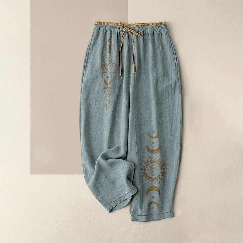 Nimara Ritual Pure Cotton Celestial Sun Moon Pattern Women's Elastic Waist Pants With Pockets
