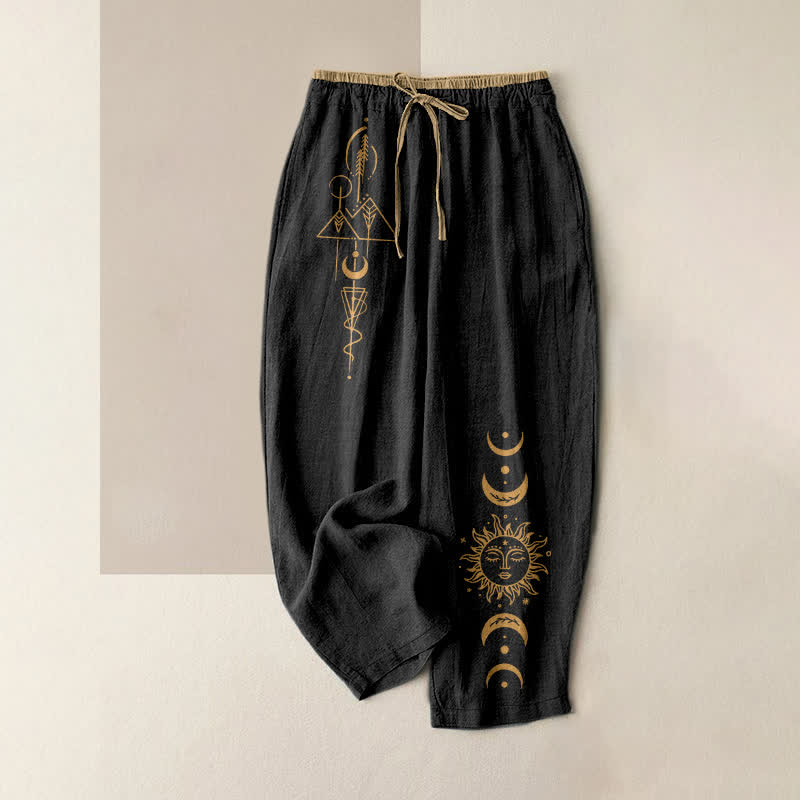 Nimara Ritual Pure Cotton Celestial Sun Moon Pattern Women's Elastic Waist Pants With Pockets