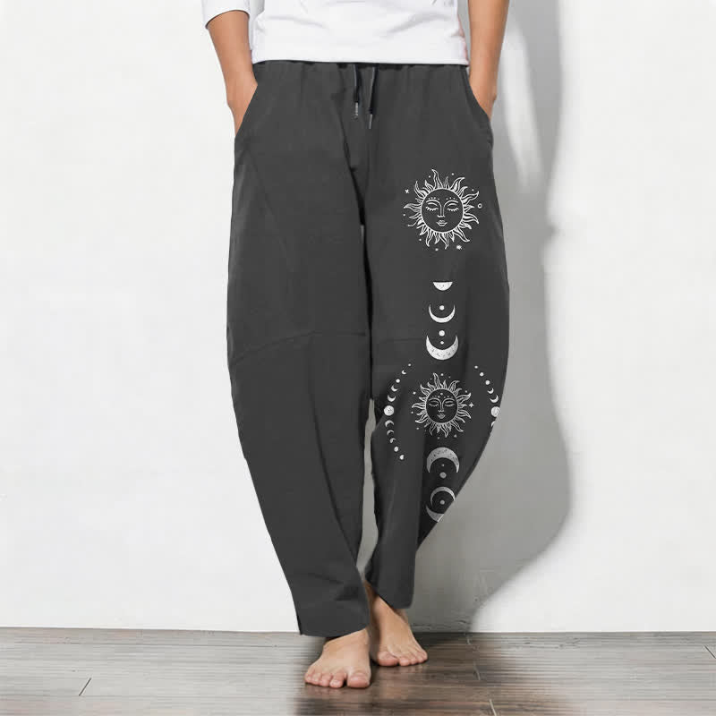 Nimara Ritual Pure Cotton Sun Moon Phase Pattern Drawstring Men's Tapered Pants With Pockets