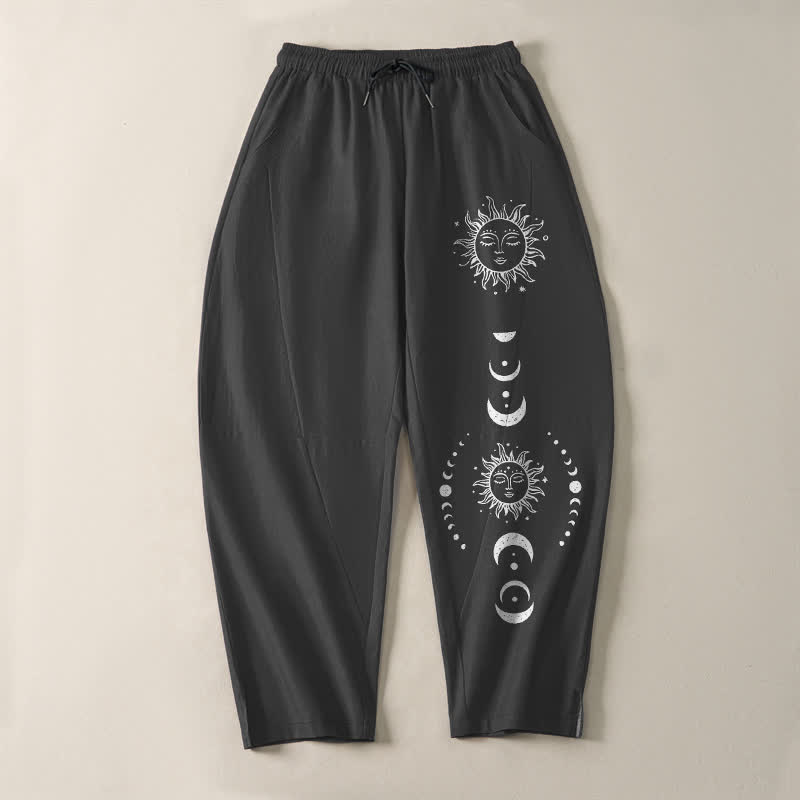 Nimara Ritual Pure Cotton Sun Moon Phase Pattern Drawstring Men's Tapered Pants With Pockets